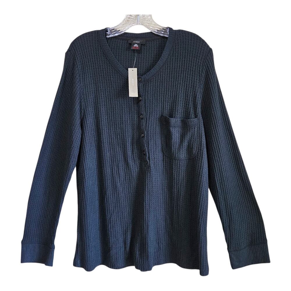J CREW Women XXL Henley Waffle Top Charcoal Black 1/2 Buttons Long Sleeve 42"